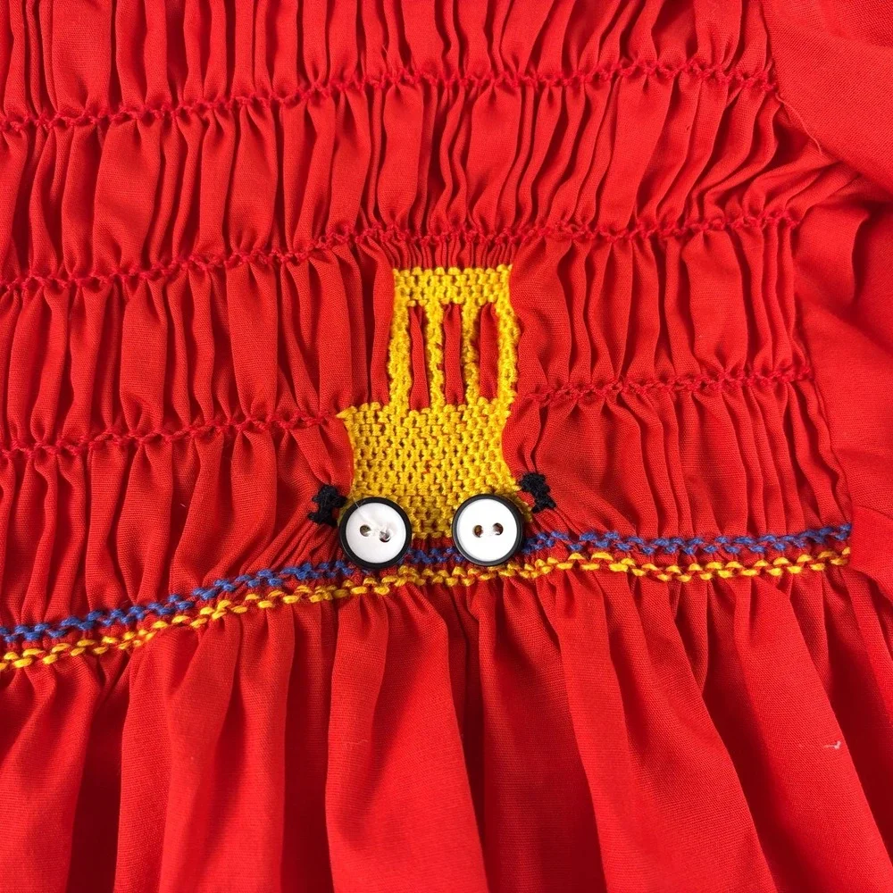 VTG Polly Flinders Embroidered Smocked Dress Sz 6 Red White School‎ Bus Charms